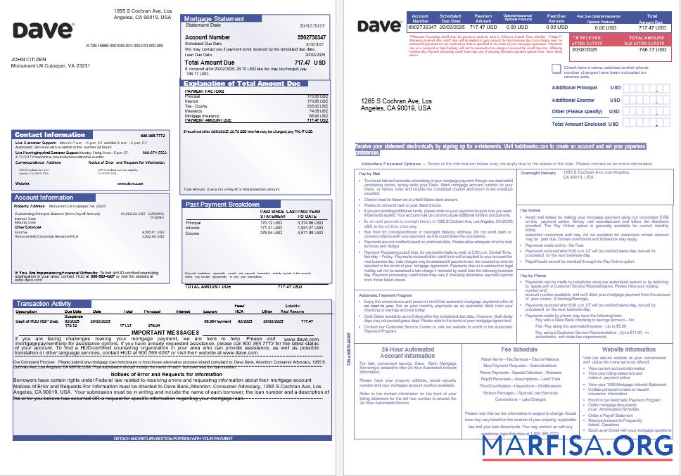 Realistic USA Dave bank mortgage statement in Word and PDF formats, 3 pages 1 2 template